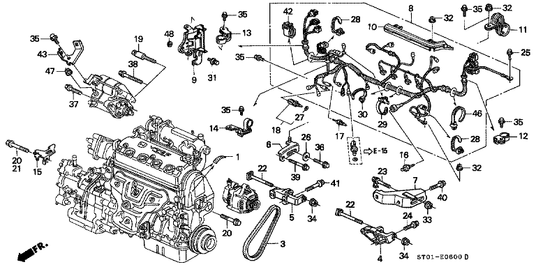 Engine wire harness/A.C. generator bracket