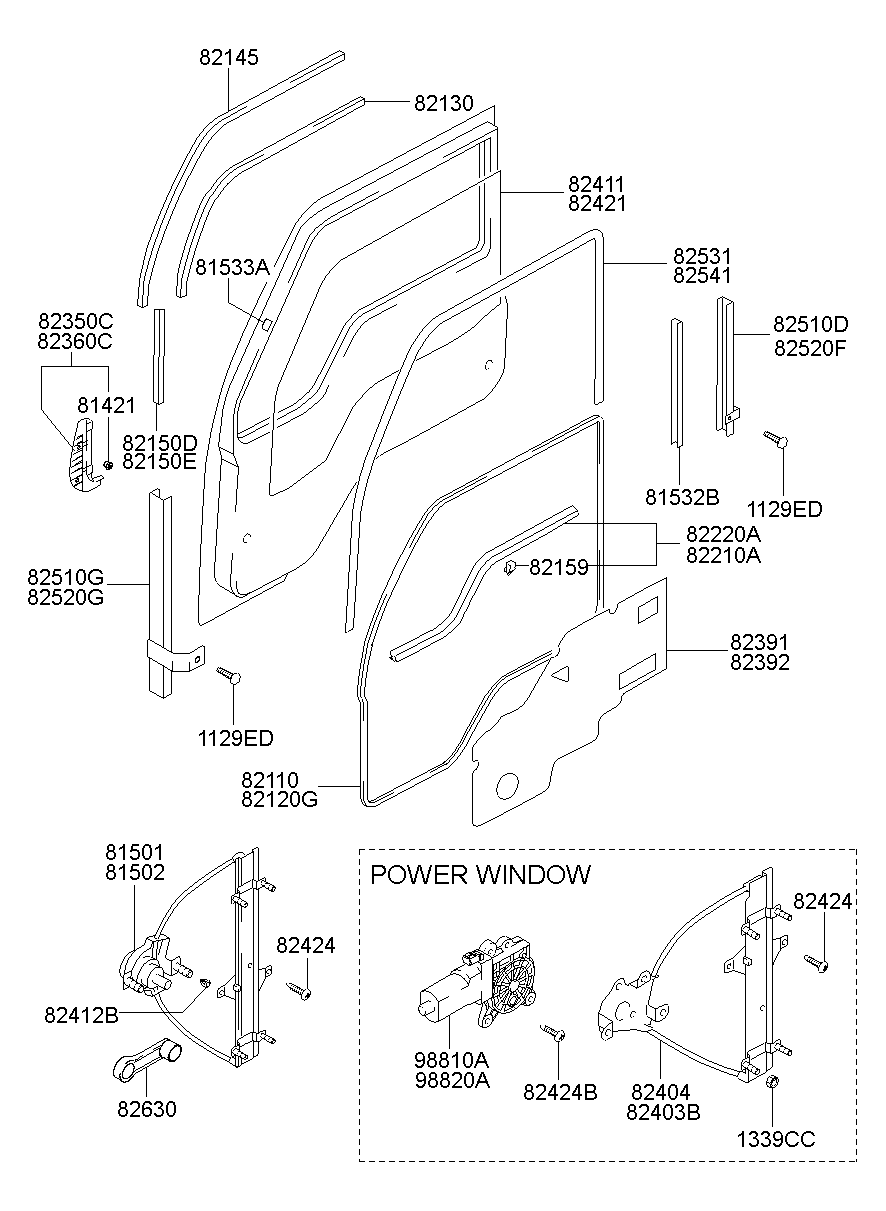 Front Door Window Regulator & Glass