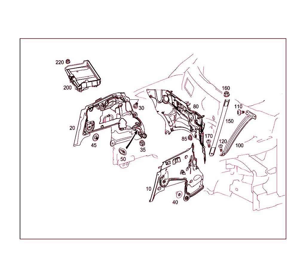 Engine Compartment Partition Panel, Wheelhouse Attachment Parts