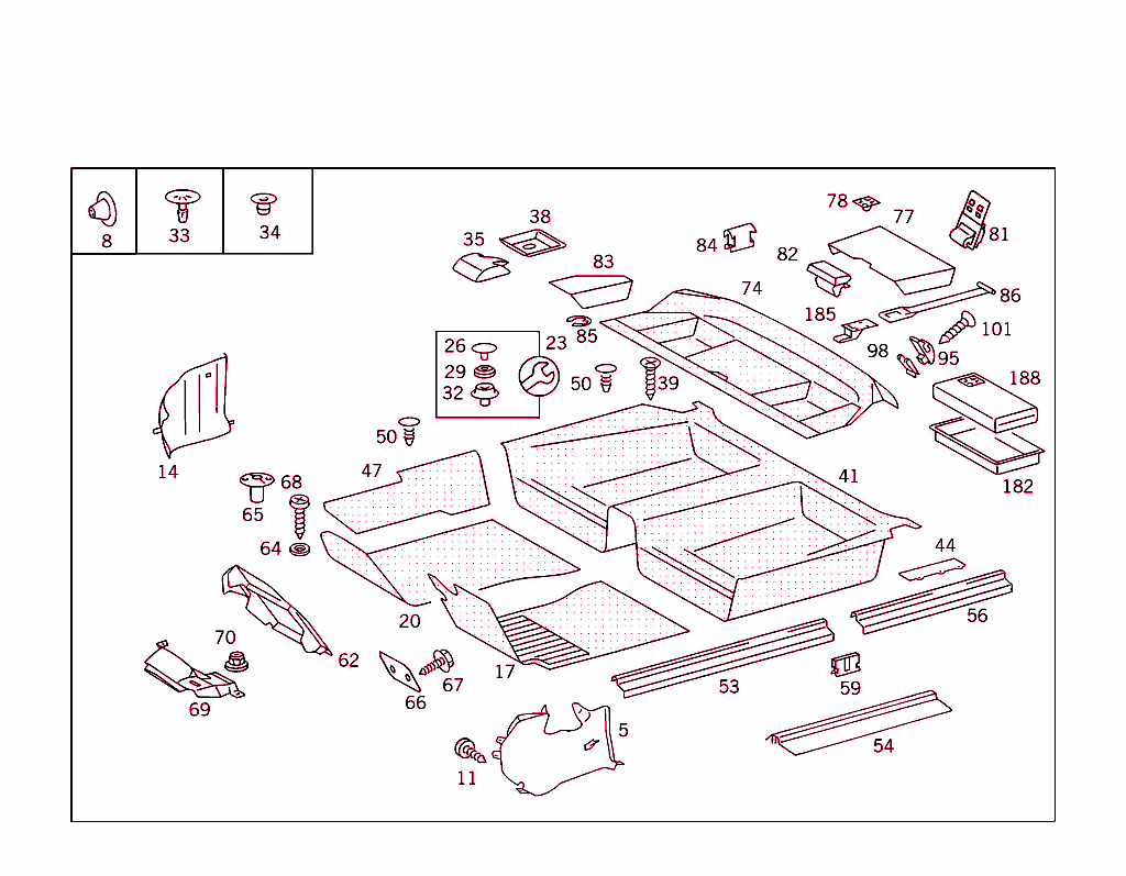 Front Panel Pillar Panelling,Lining On Floor,Hat Tray And First Aid Box