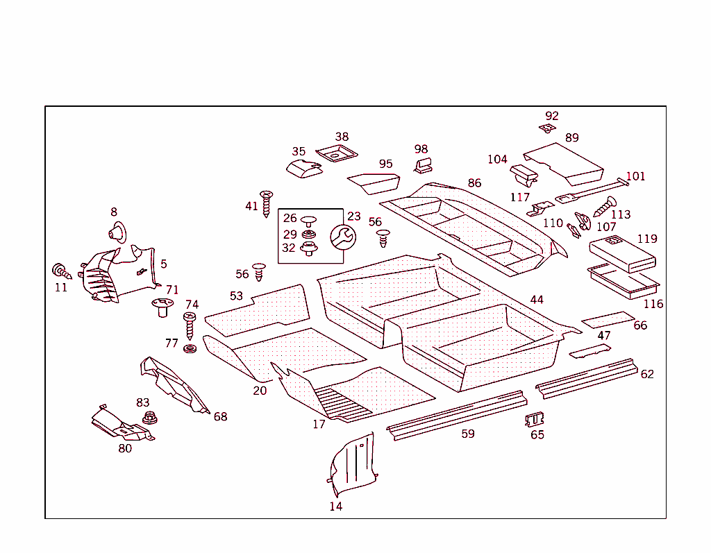 Front Panel Pillar Panelling,Lining On Floor,Hat Tray And First Aid Box