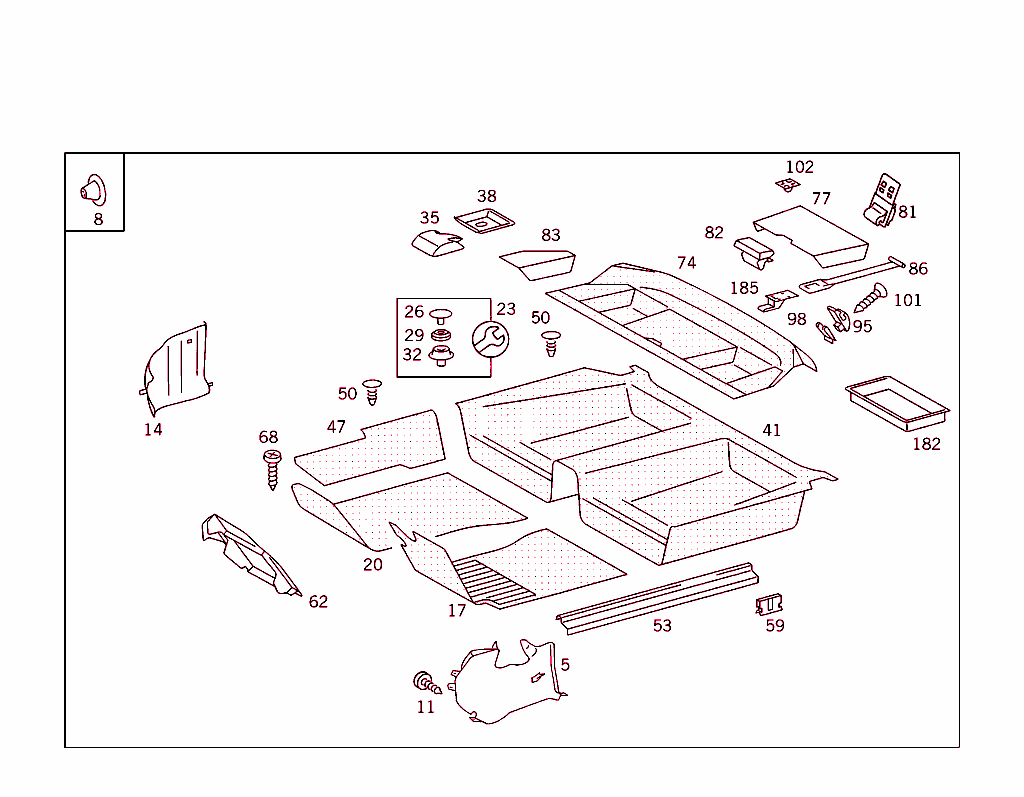 Front Panel Pillar Panelling,Lining On Floor,Hat Tray And First Aid Box