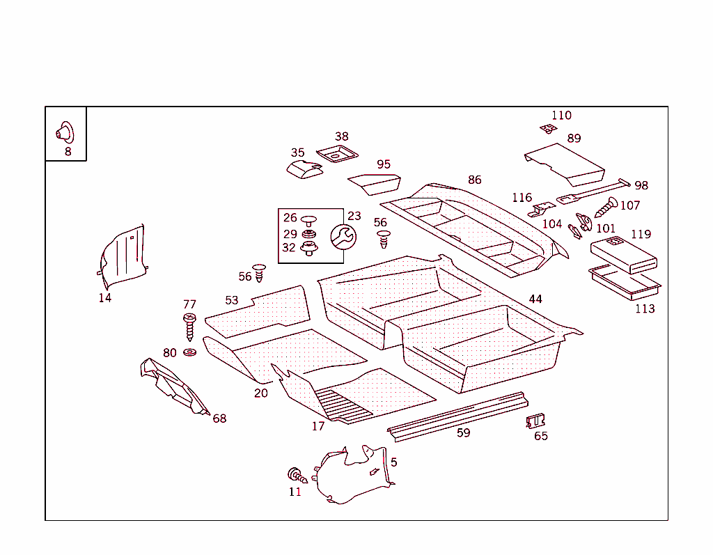 Front Panel Pillar Panelling,Lining On Floor,Hat Tray And First Aid Box