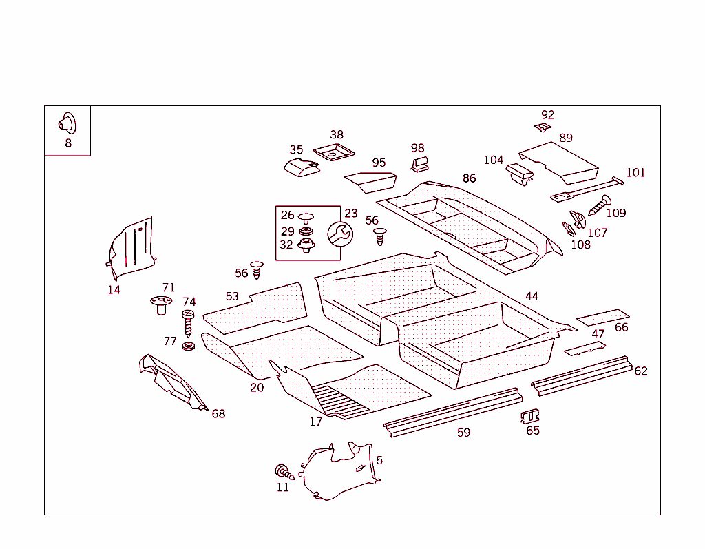 Front Panel Pillar Panelling,Lining On Floor,Hat Tray And First Aid Box