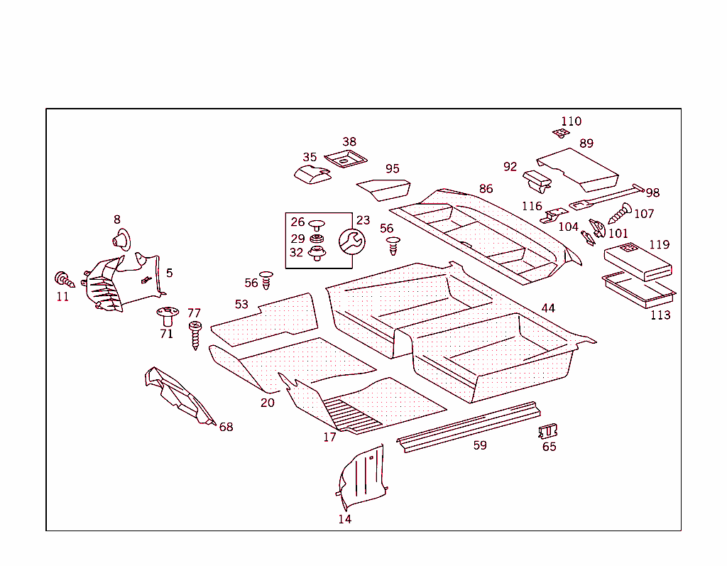 Front Panel Pillar Panelling,Lining On Floor,Hat Tray And First Aid Box