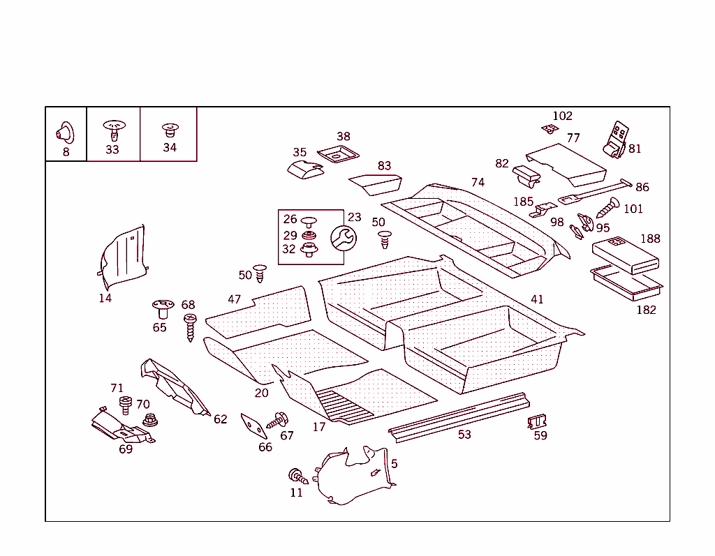 Front Panel Pillar Panelling,Lining On Floor,Hat Tray And First Aid Box