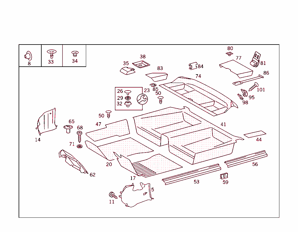 Front Panel Pillar Panelling,Lining On Floor,Hat Tray And First Aid Box