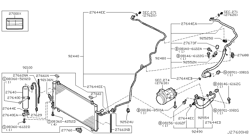 Condensador, tanque de líquido y tuberías
