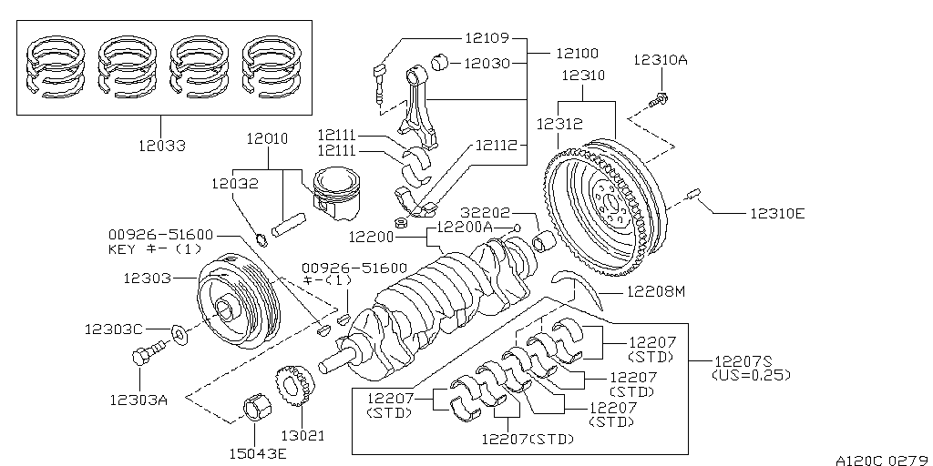 Piston, Crankshaft, Flywheel