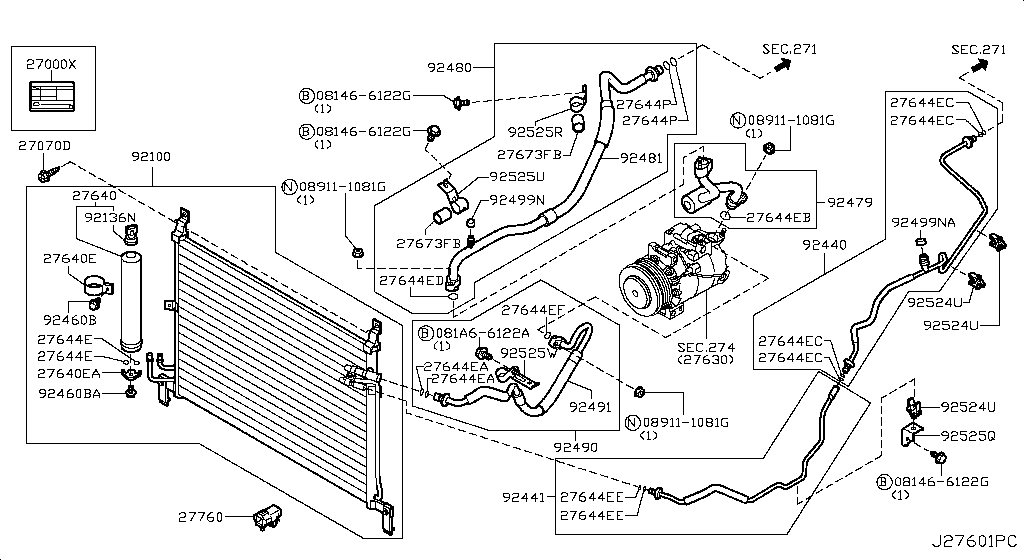 Condensador, tanque de líquido y tuberías