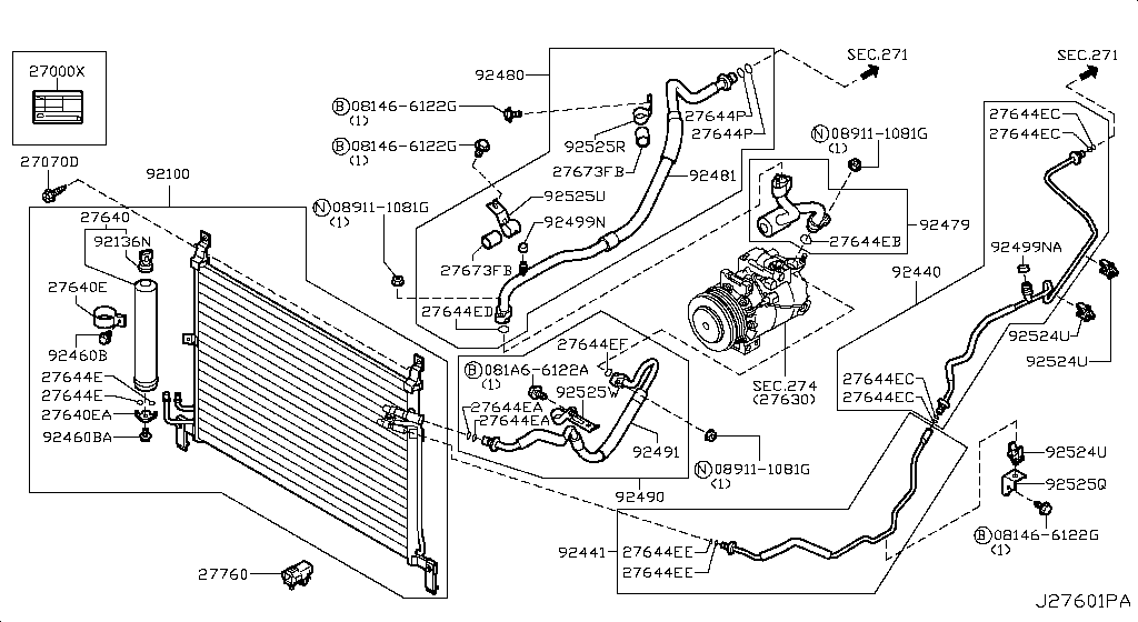 Condensador, tanque de líquido y tuberías