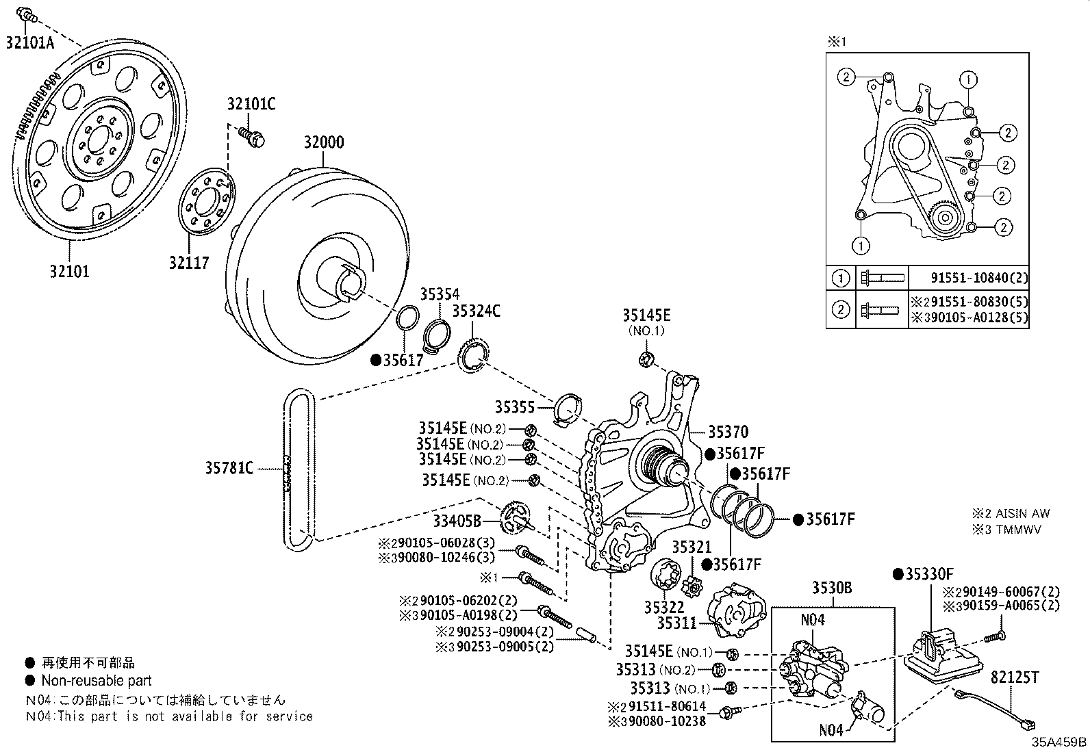 Convertidor de par, bomba de aceite delantera y cadena