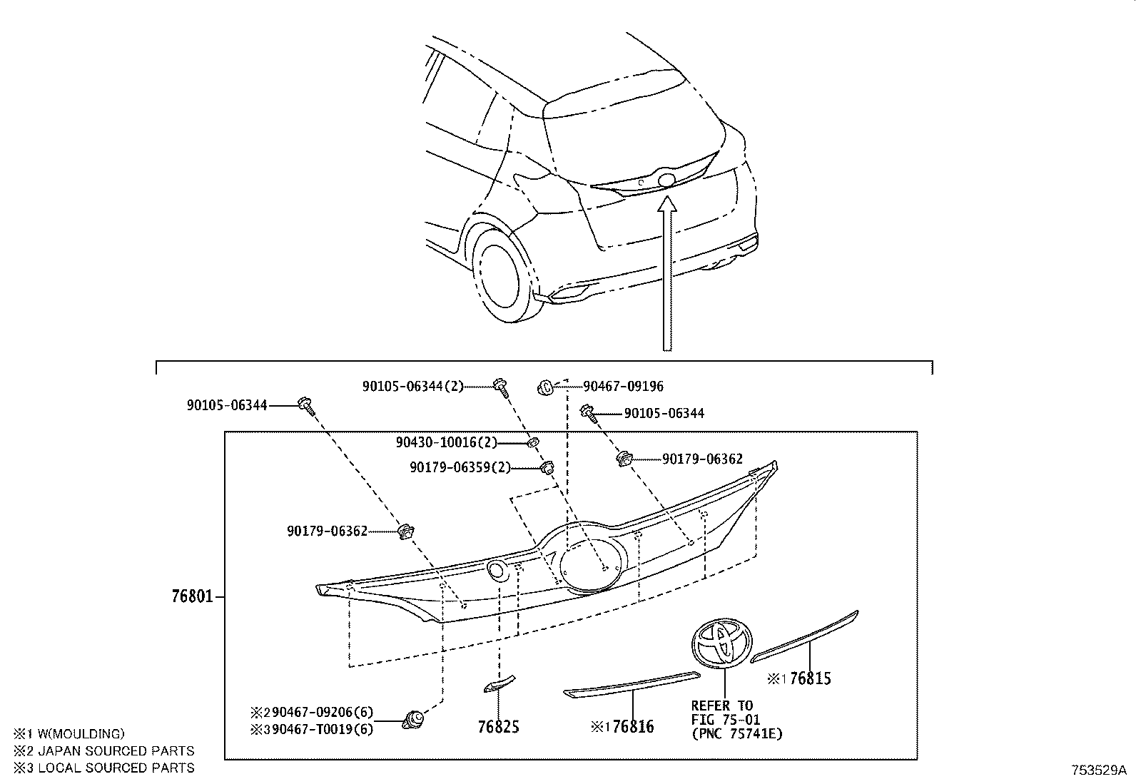 76801-0D420 Garnish Sub-Assy, Back Door, Outside Toyota | YoshiParts